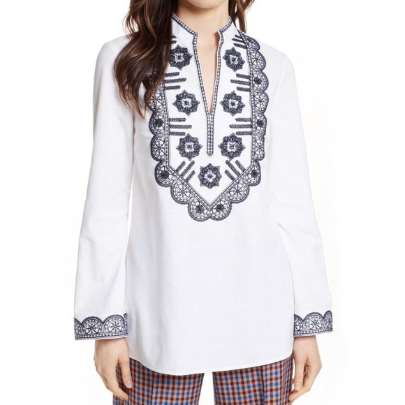Tory Burch Tops - Tory Burch Embellished Embroidered Tunic Blue White Size 8‎ NWT